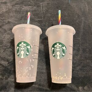 2 Starbucks Clear Reusable Cold snow Cups with Rainbow Straws